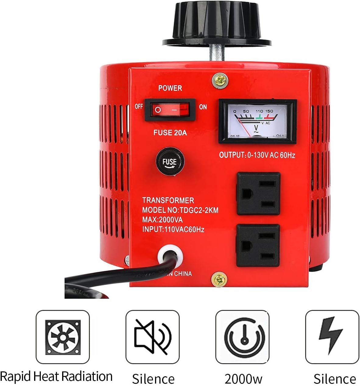 jxgzyy 2000W Variac Variable Transformer 20Amp AC Variable Voltage Converter Transformer Variable Voltage Auto Transformer Regulator, 0-130V Output, 110V Input