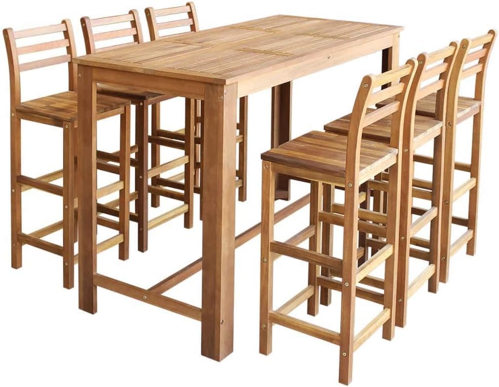 vidaXL 7 Piece Solid Acacia Wood Bar Table and Chair Set Bar Tables and Stool Counter Stool Bar Dining Sets Dining Table and Stools