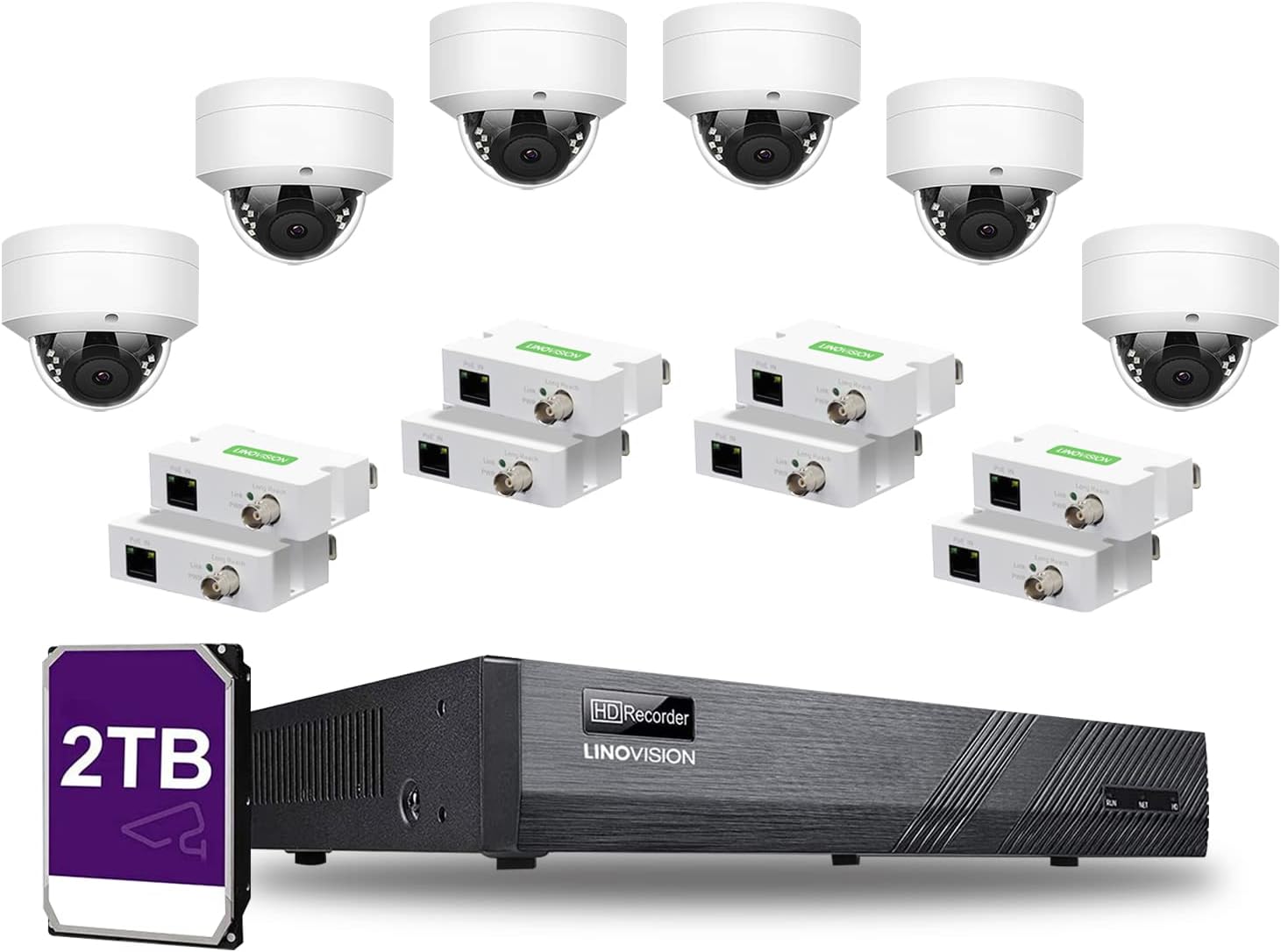 LINOVISION NDAA Compliant 8CH 4K IP Security Camera System with (4) Pairs POE IP Over Coax Converters, (6) 5MP POE IP Dome Cameras, Upgrade Analog Camera System Without Replacing RG59 Coaxial Cable