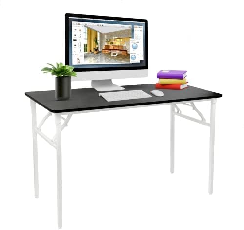 Halter Folding Table Computer Desk, Modern PC or Laptop Work Desk for Home Office, Gaming Study Writing Foldable Desk for Small Spaces, White Wood Desk, White Frame, 47 Inches