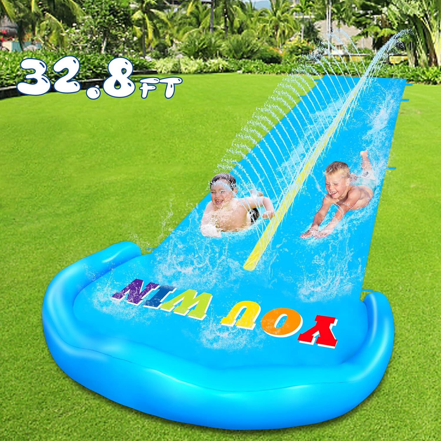 Evoio Lawn Water Slide, 32.8FT Water Slide for Kids and Adults with 2 Racing Lanes and 2 BodyBoards, Inflatable Splash Lawn Water Slip for Kids Backyard, Outdoor Summer Water Toys for Backyard Garden