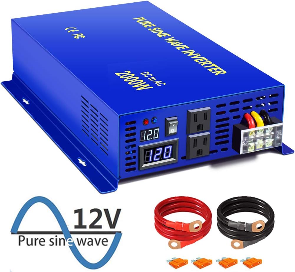 XYZ INVT 2000 Watt Inverter Pure Sine Wave, Power Inverter 12V to 110V 120V, DC to AC Inverter for Car, Off Grid Solar System. (Peak 4000W)
