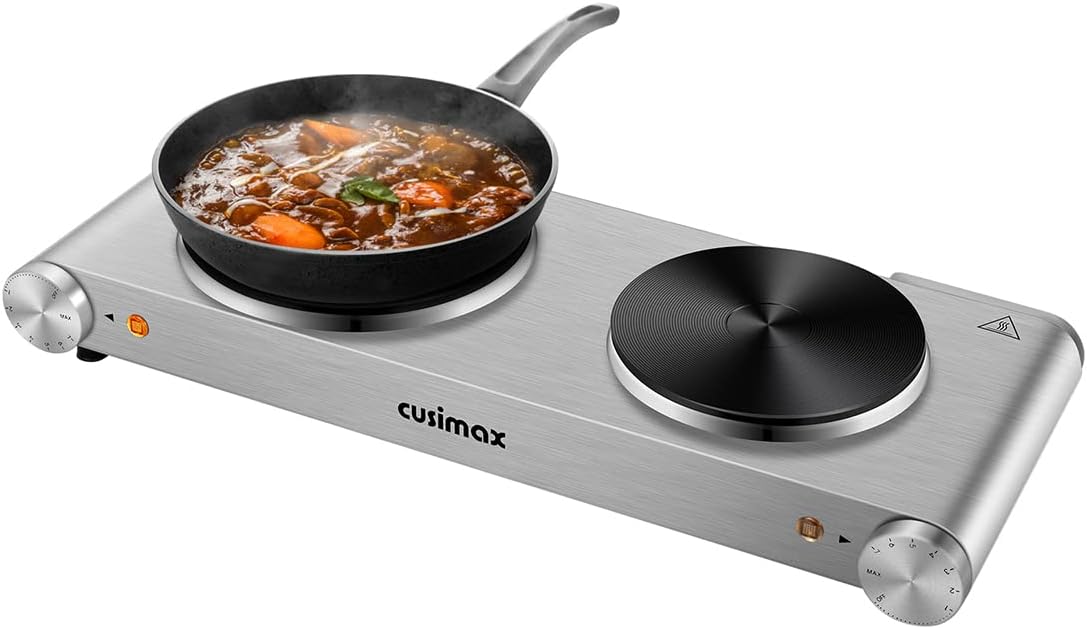 Hot Plate, CUSIMAX Double Burner Electric Cooktop, Hot Plate Cooking Double Hot Plate, Stove Electric Cast Iron Countertop Burner, 1800W Silver Stainless Steel Electric Burners, Easy to Clean Pack of 2