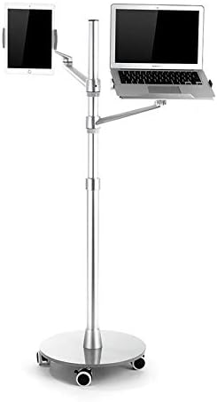 360 Rotation Aluminum Alloy 3 in 1 Mobile+Tablet PC Holder+Laptop Stand Holder Dual Arm Office Floor Stand Lapdesk Bracket UP-9L (Black)