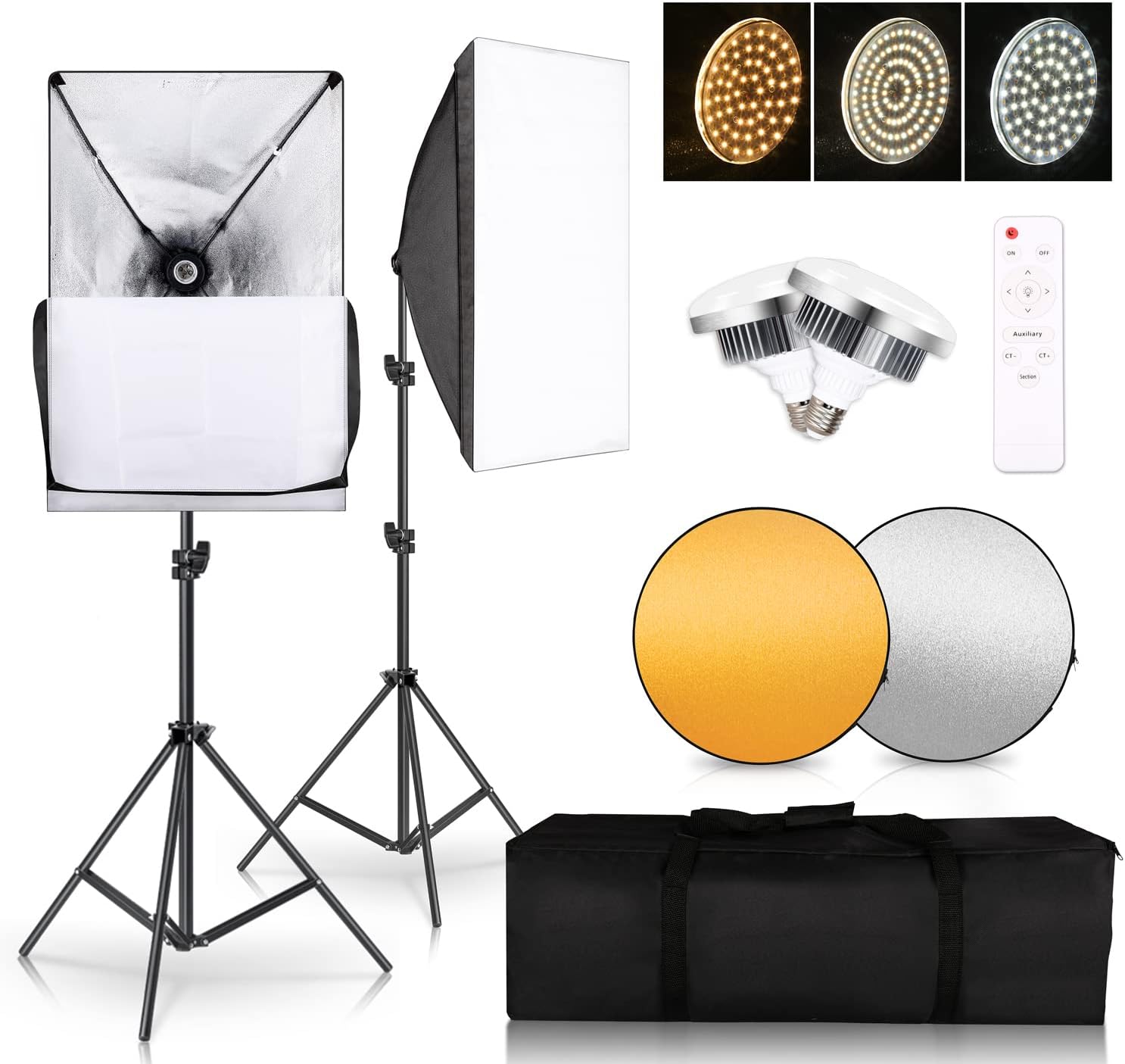 SH Softbox Lighting Kit 2 Set, Remote Control Continuous Lighting System with 3200K-5600K Adjustable Color Temperature LED Light Bulbs for Portraits, Photo, Produact Shooting, Photography Pack of 2