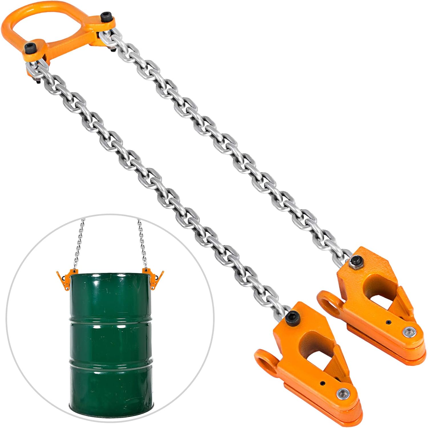 Mophorn Chain Drum Lifter 2000 lbs Load Capacity Barrel Lifting Sling with G80 Lifting Chain Drum Lifter Chain Sling Alloy Steel Frame, Solid Vertical Drum Lifter for Plastic and Metal Drums, Orange Pack of 2