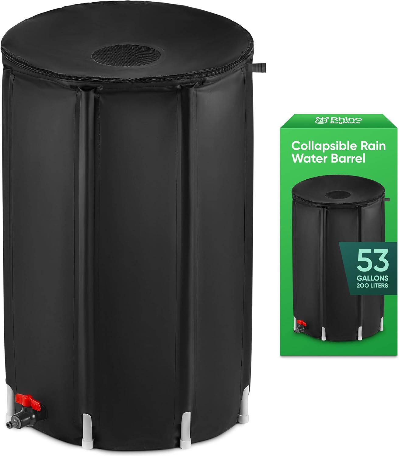 BaseMate Collapsible Rain Barrel |53-Gal Extra-Stable Rainwater Collection System w/Mesh on Top, Drain Pipe, & Spigot| Rain Barrels to Collect Rainwater from Gutter | Heavy-Duty Rain Catcher |by Rhino Pack of 2