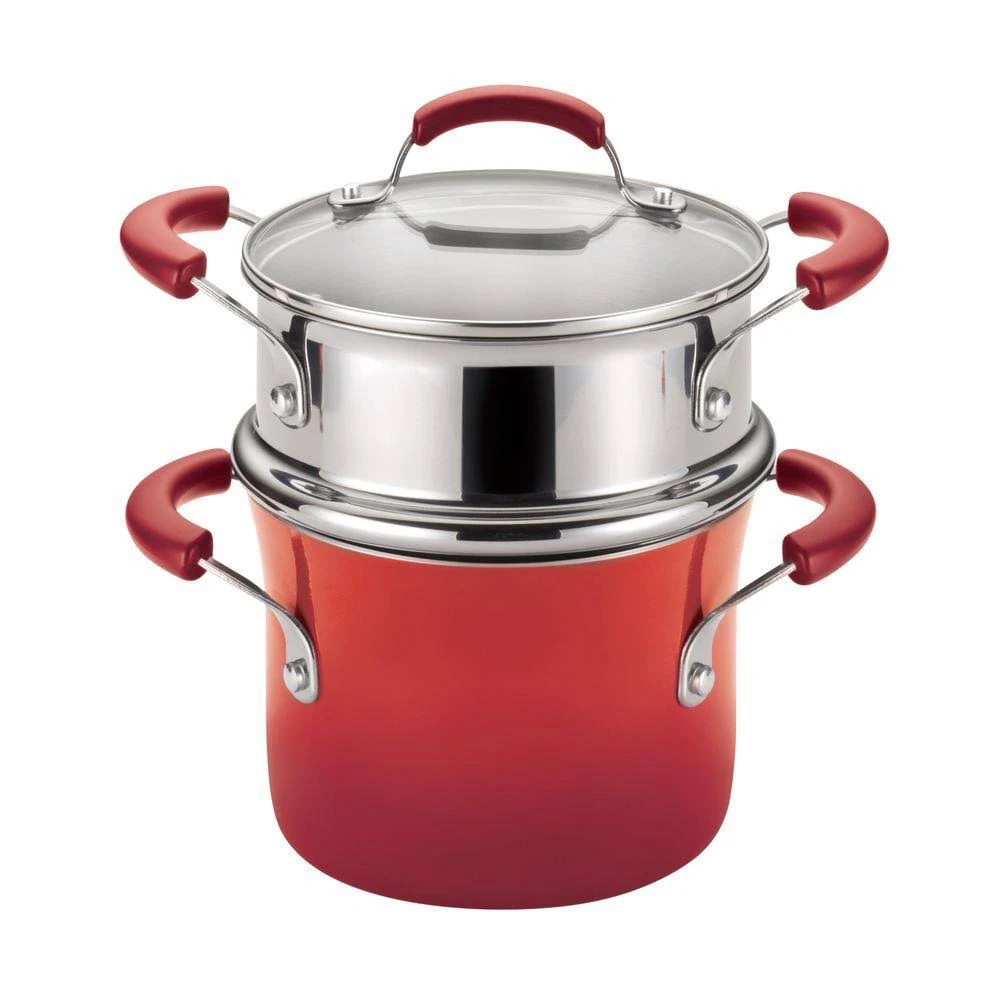 Rachael Ray Hard Enamel Nonstick 3-Quart Covered Steamer Set, Red Gradient 14484