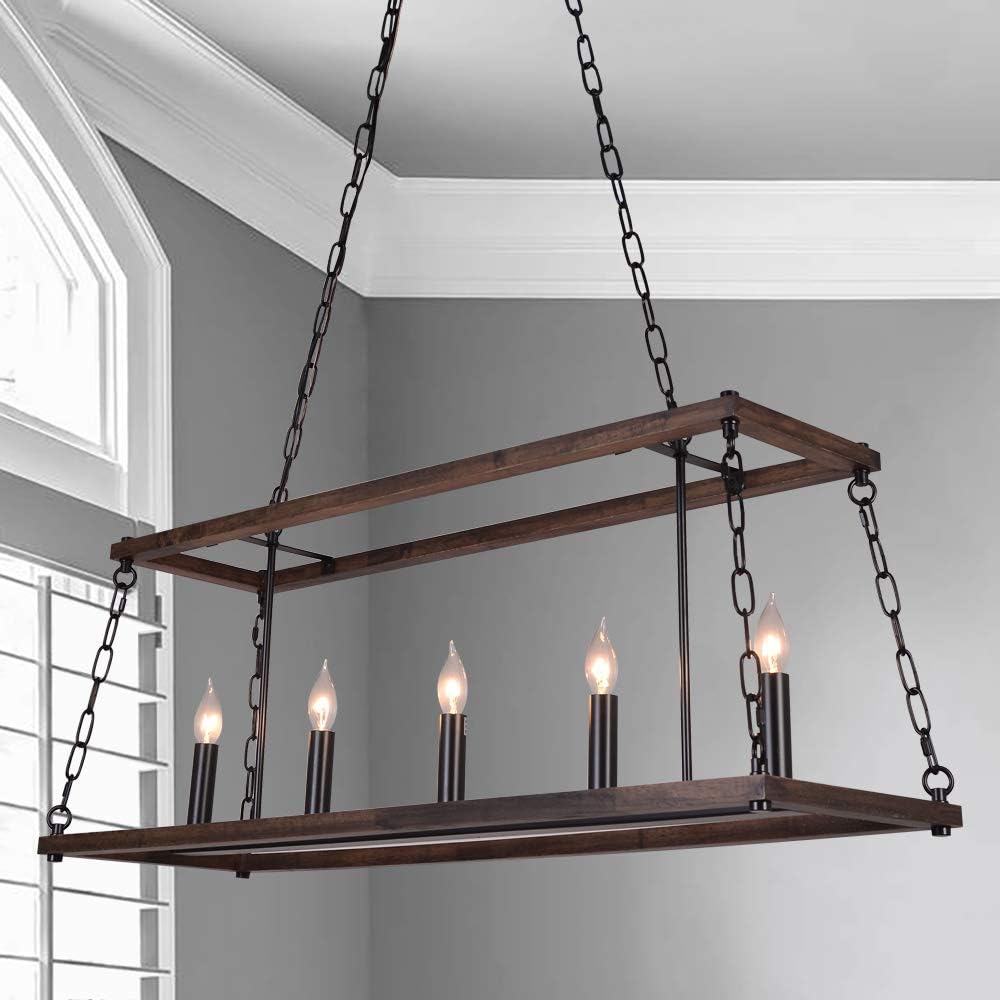 ANTILISHA Modern Farmhouse Chandelier Lighting Rectangle Geometric Light Fixture Pendant Chandelier for Dining Rooms Kitchen Island Pool Room Wooden Metal Iron Matt Black L39.4 inch