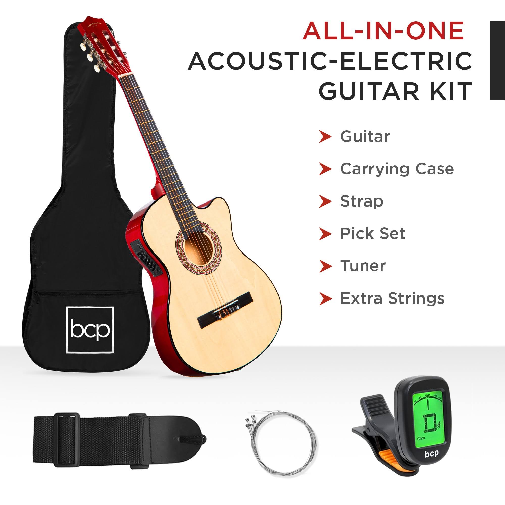 Best Choice Products Beginner Acoustic Electric Guitar Starter Set 38in w/ All Wood Cutaway Design, Case - Natural