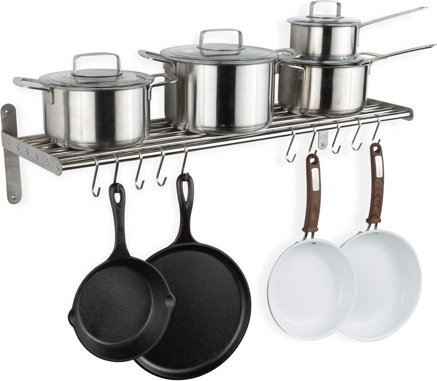 Wallniture Lyon Kitchen Organization and Storage Rack, Stainless Steel Metal Wall Shelf with 10 S Hooks for Hanging Pots and Pans, Chrome Pack of 2