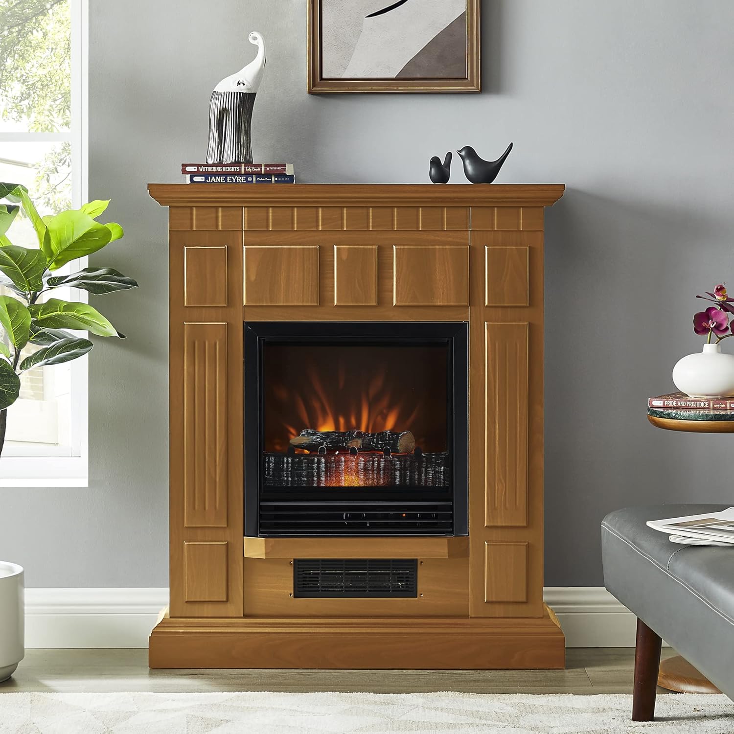 GOOD & GRACIOUS Electric Fireplace with Mantel Wooden Surround Indoor Freestanding Entertainment Center with Electric Heater Insert Adjustable Flame Firebox for Living Room Bedroom, Walnut