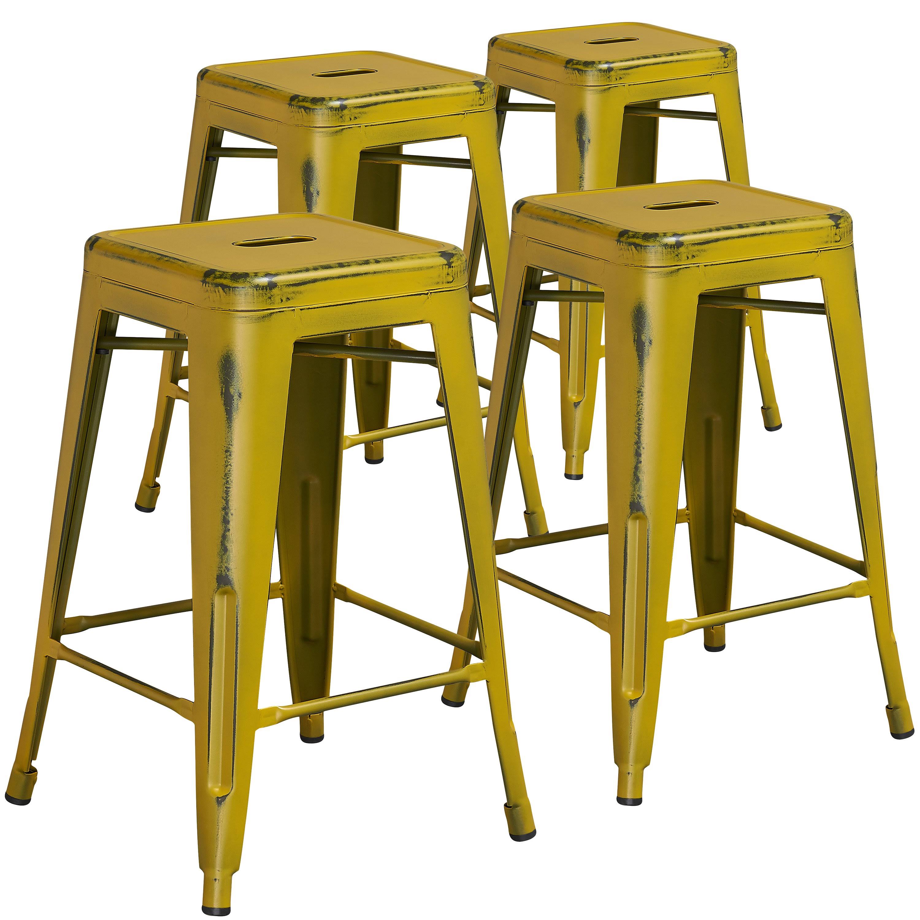 Flash Furniture 4 Pk. 24&& High Backless Distressed Yellow Metal Indoor Counter Height Stool