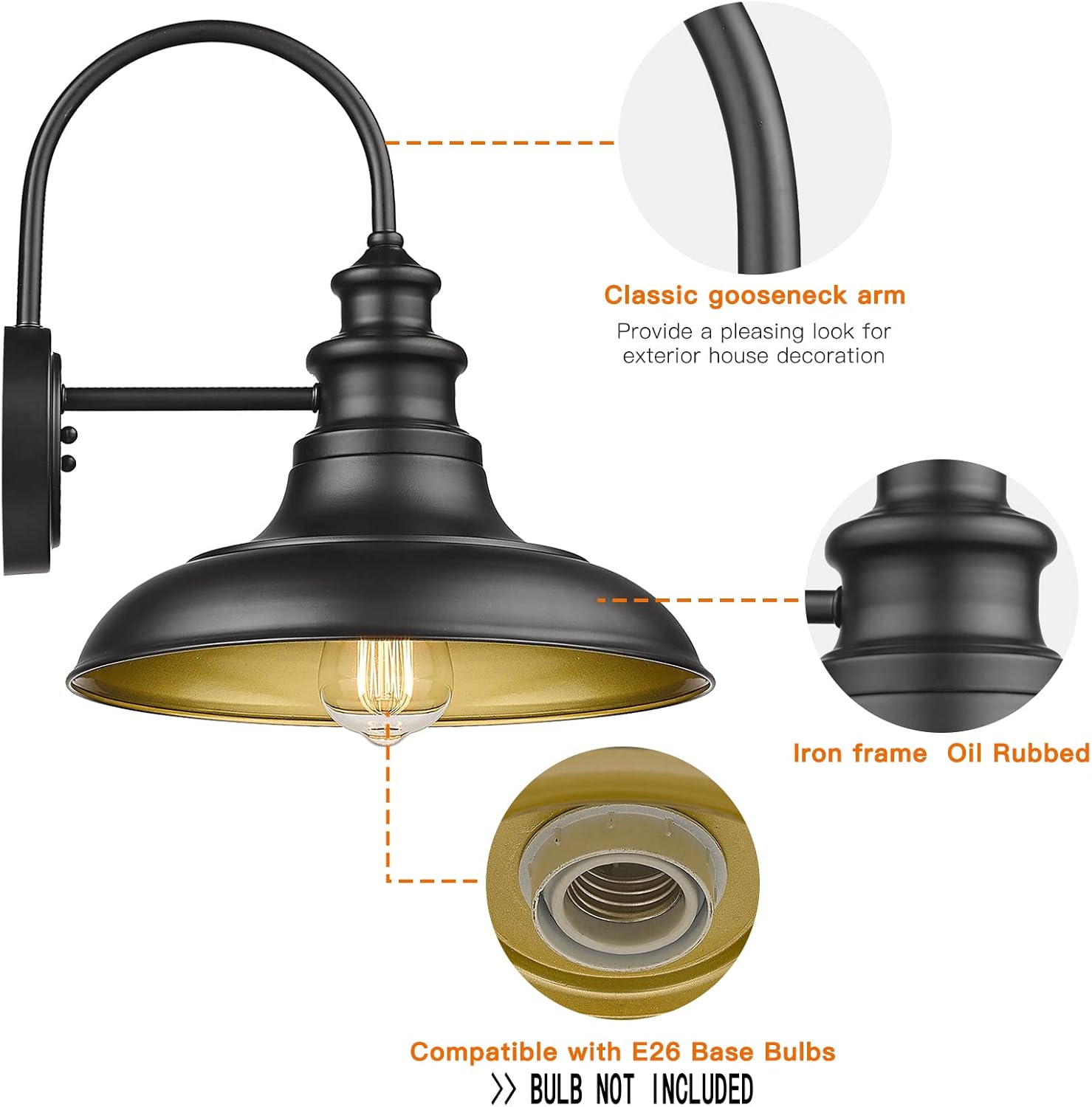 Dusk to Dawn Sensor Outdoor Barn Light Fixture Outdoor Wall Sconce Farmhouse Wall Mount Lights Exterior Gooseneck Light Fixture Black Finish Industrial Wall Lantern for Porch, Entryways, 2 Pack