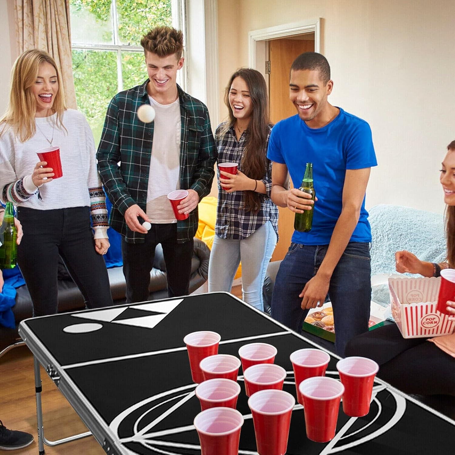 Zenaida Mart 8 Foot Beer Pong Table Portable Party Drinking Game Table Tailgate Table, Black, L