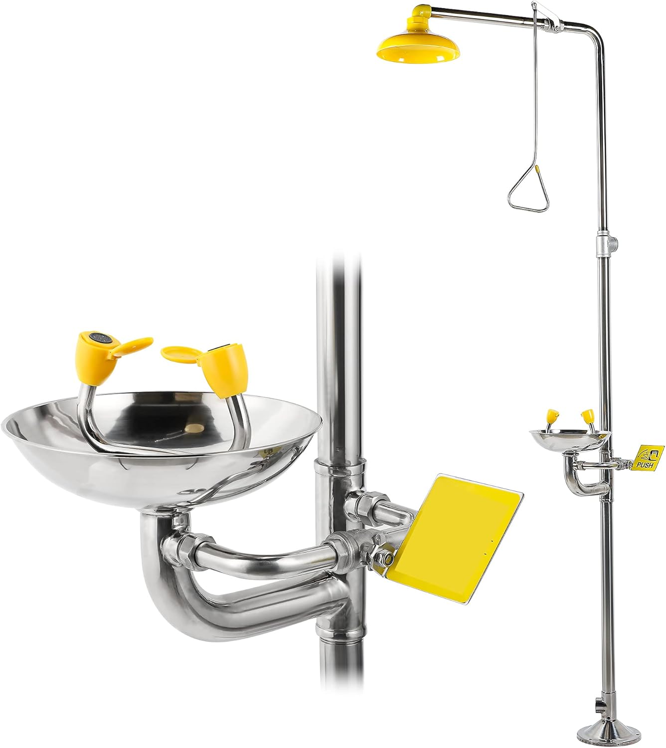 CGOLDENWALL Emergency Shower and Eyewash Station Combination Eye Wash Station Safety Shower Eye&Face Washer Station, Stainless Steel bowl+Eyewash Sign, NPT threads