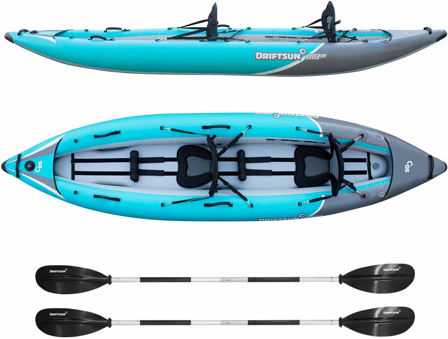 Driftsun Rover 120/220 Inflatable Tandem White-Water Kayak with High Pressure Floor and EVA Padded Seats with High Back Support, Includes Action Cam Mount, Aluminum Paddles, Pump and More