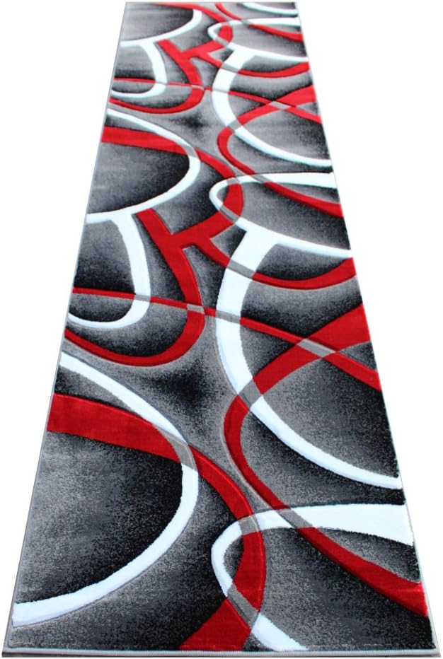 Masada Rugs, Sophia Collection Hand Carved Area Rug Modern Contemporary Red White Grey Black (2 Feet 8 Inch X 10 Feet) Runner