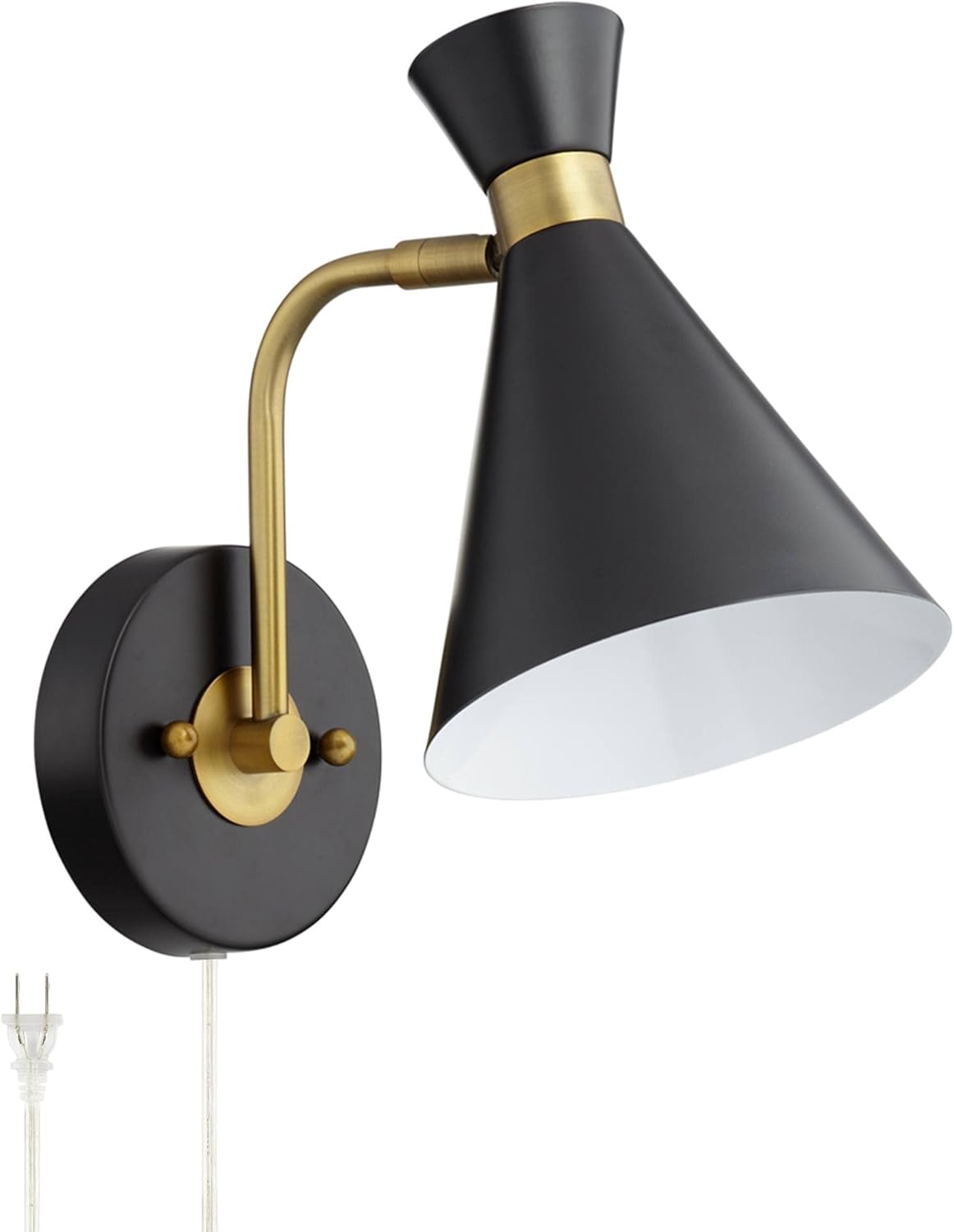 Venice Mid Century Modern Adjustable Wall Lamp Matte Black Antique Brass Plug-in Light Fixture Metal Cone Shade for Bedroom Bedside House Reading Living Room Home Hallway Dining - 360 Lighting