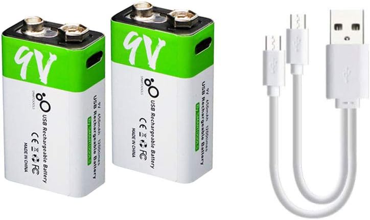 USB 9V Lithium ion Rechargeable Battery, High Capacity 650mAh Rechargeable 9V Battery, 1.5 H Fast Charge, 1200 Cycle with Type C Port Cable, 2-Pack