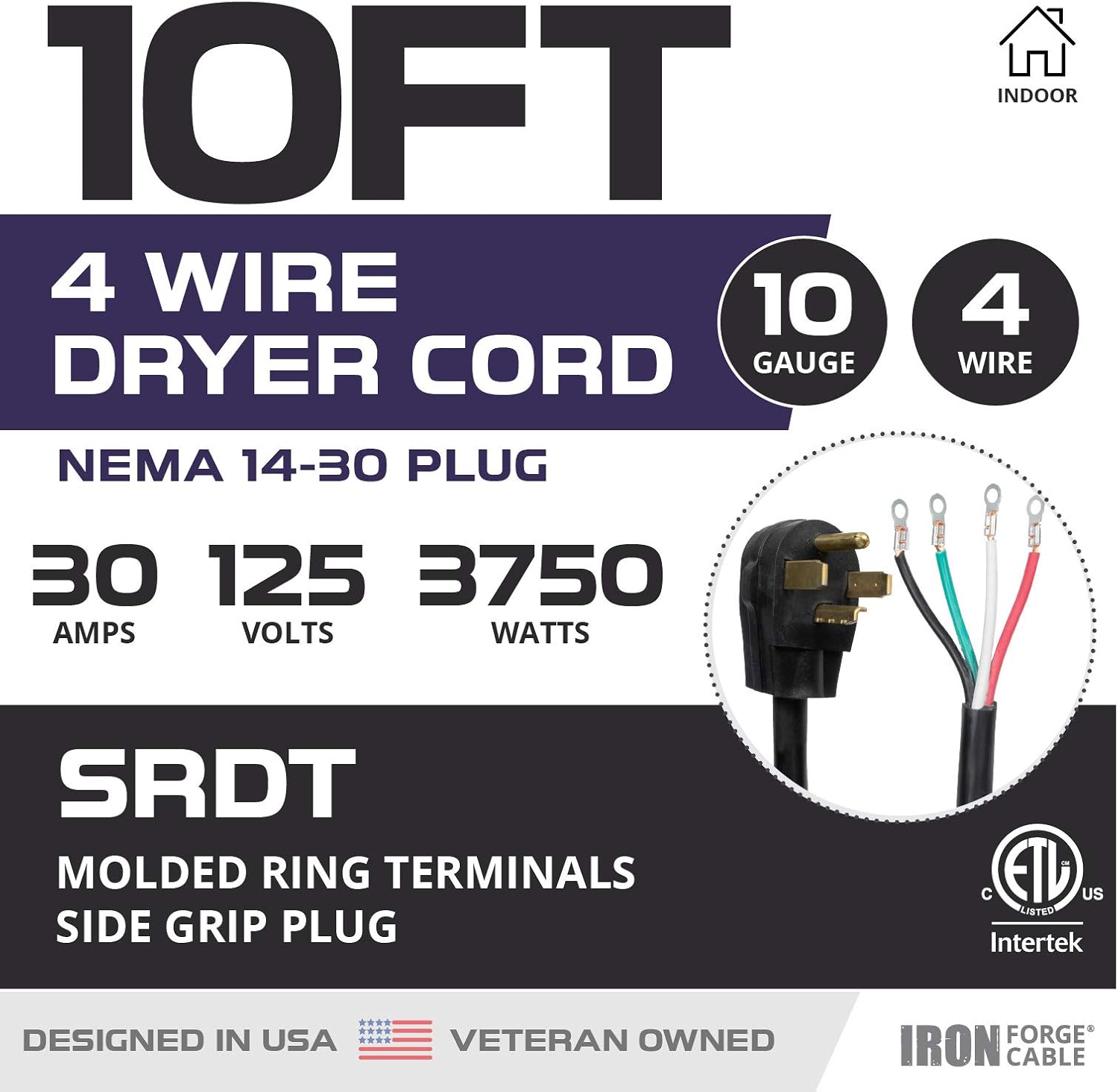 4 Prong Dryer Cord - 10 Ft Dryer Extension Cord Power Plug, 10/4 SRDT, 30 Amp, NEMA 14-30, Black