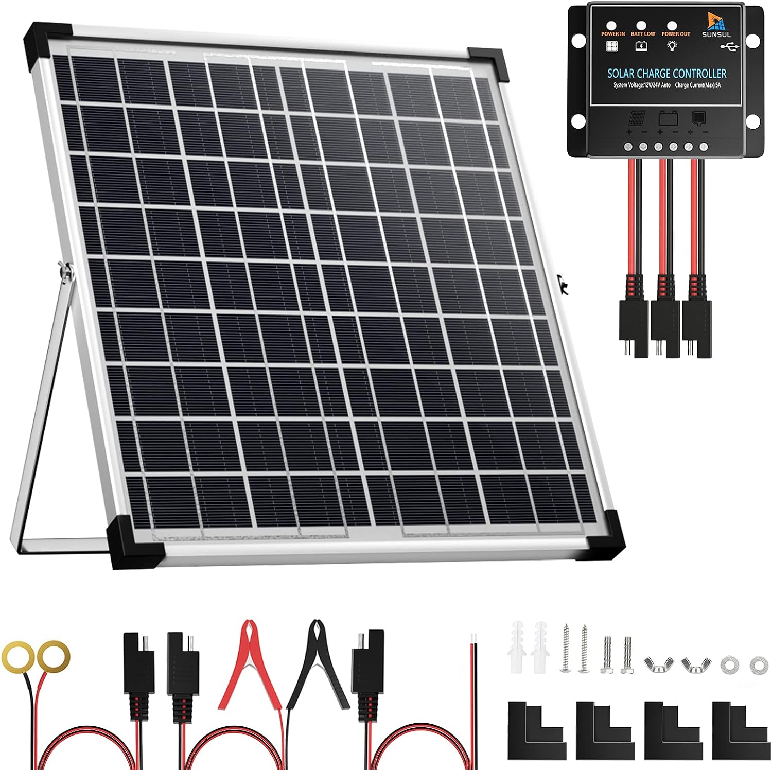 SUNSUL 20 Watt 12V Solar Panel Kit Battery Maintainer Trickle Charger, with Waterproof 5A 12V/24V PWM Solar Charge Controller and Adjustable Solar Panels Mount Rack Bracket (20 Watt with Accessories) Pack of 2