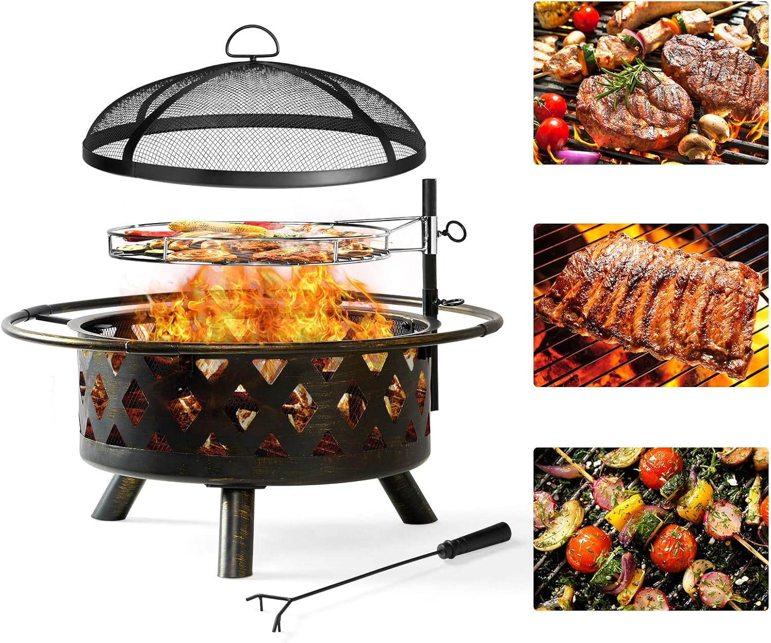 Aoxun 2 in 1 Fire Pit 32in with Grill Outdoor Wood Burning Fire Pit with Cover & Fire Poker (Black)