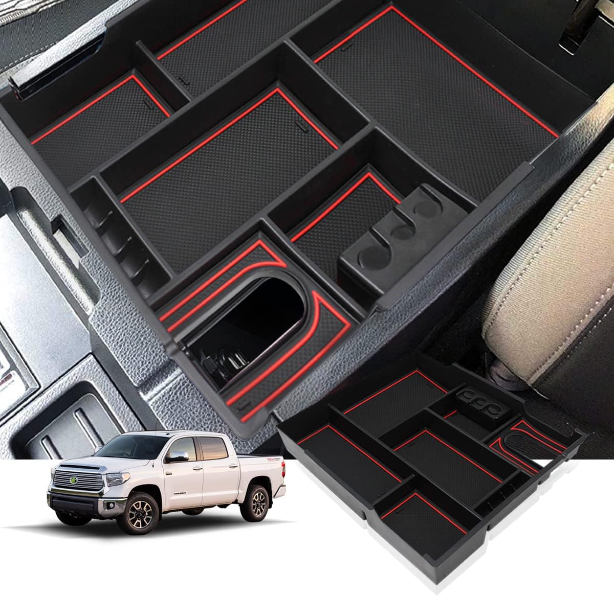 Center Console Organizer Fit Toyota Tundra 2014 2015 2016 2017 2018 2019 2020 2021 2022 Center Console Organizer - Lsert Tray Container ABS Material Noise Free Anti Slip Storage Box Glove Tray Compatible With Toyota Tundra Accessories Red Trim