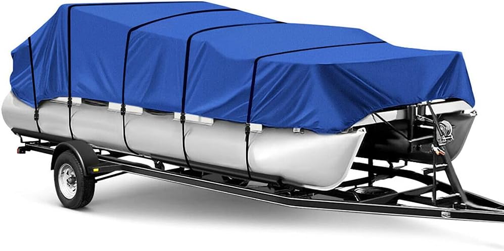 LUJUNTEC Universal Boat Cover Pontoon Heavy Duty 600D Marine Grade Polyester Canvas Trailerable Waterproof Heavy Duty Boat Covers(Blue, Length:17-19 Beam Width: up to 96) Pack of 2