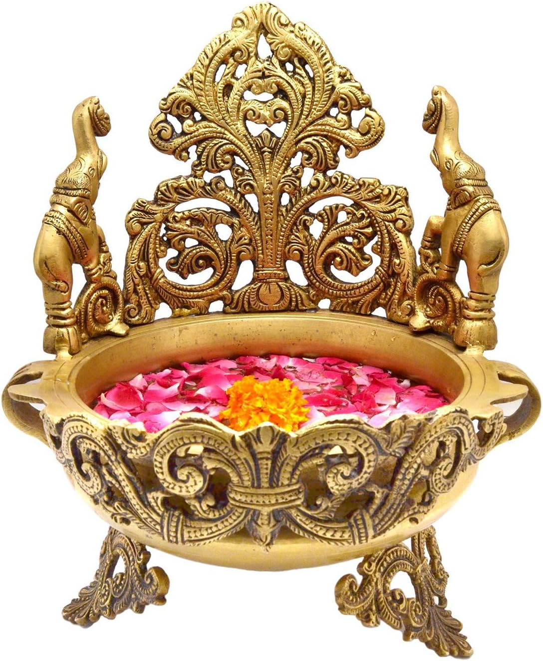 Aakrati Peacock and Elephant Design Traditional Brass Urli for Floral and Candle Decoration Show Piece/Home Decor for Reception, Office and Pooja Rooms