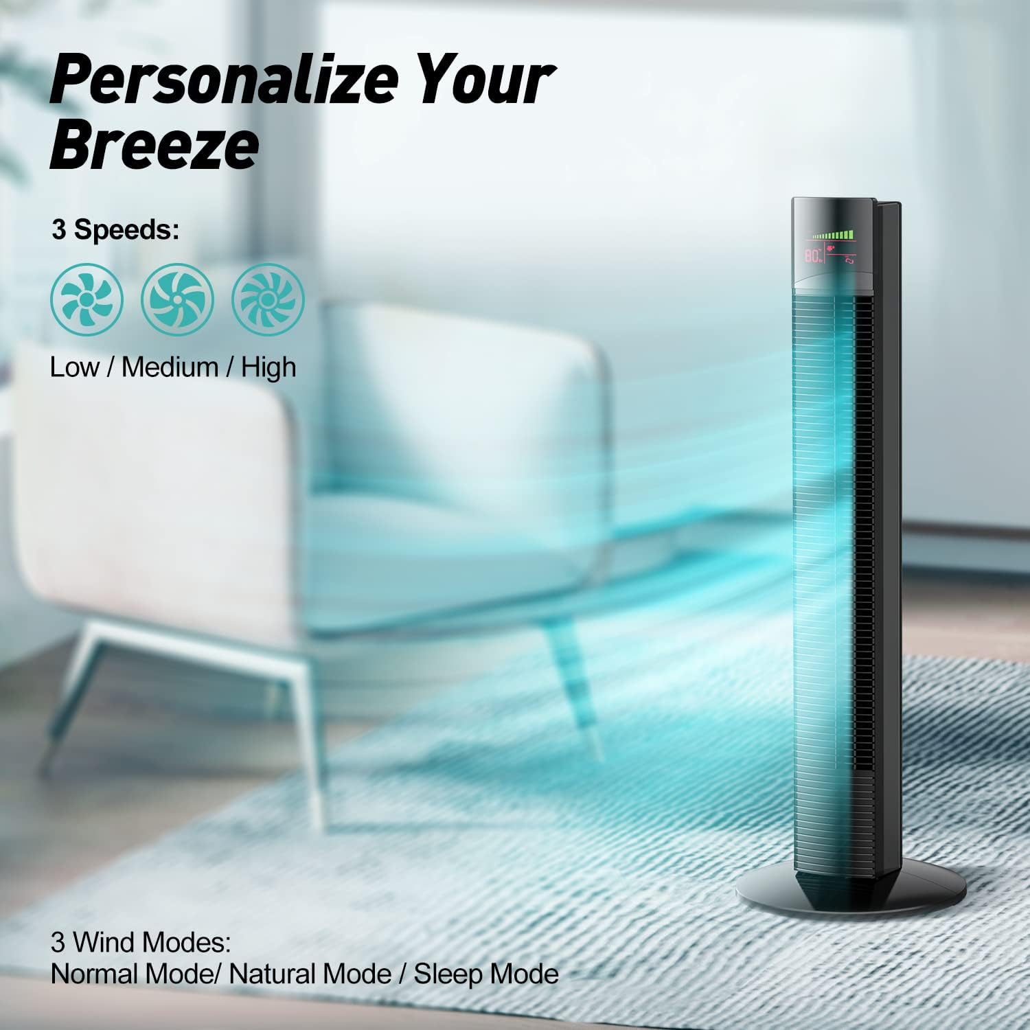 Tower Fan with Remote, 36”Space-Saving 65°Oscillating Cooling Fan with 9 Modes,LED Display,12-Hour Timer,Portable Stand Up Floor Bladeless Fan for Bedrooms, Living Rooms, Kitchen, Offices Pack of 2