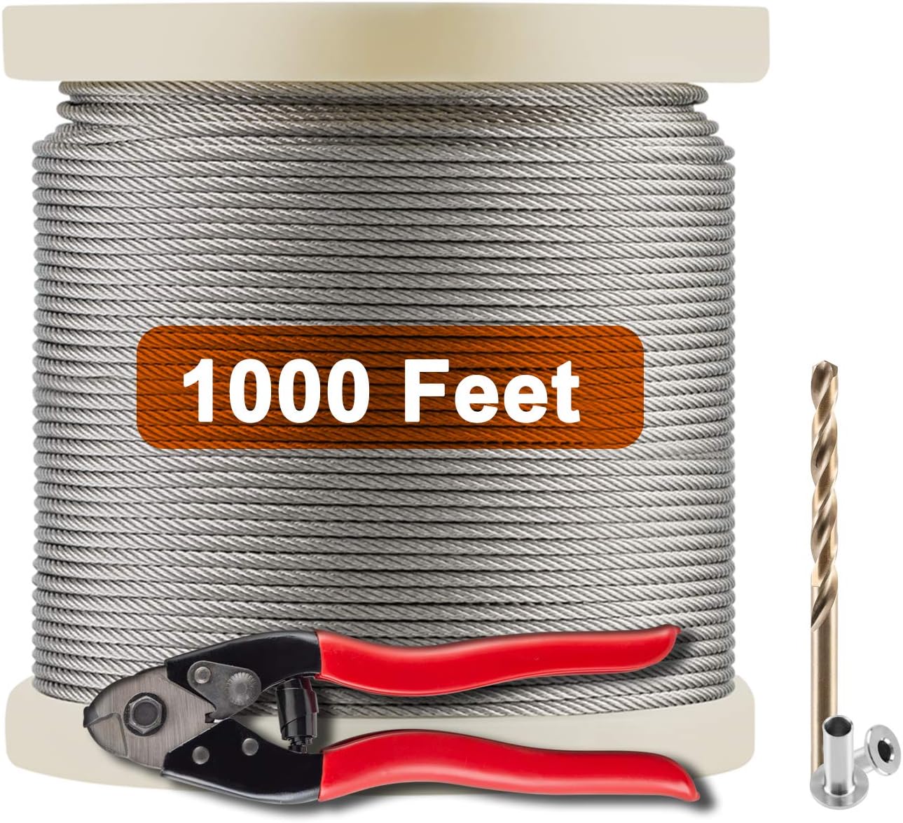 Fiberfly 1/8 T316 Stainless Steel Cable with Cutter 1000Ft, T316 Stainless Steel Rope with 20 Pcs Stainless Steel Protector Sleeve, Aircraft Cable for Deck Railing, 7 x 7 Strands Construction Pack of 2