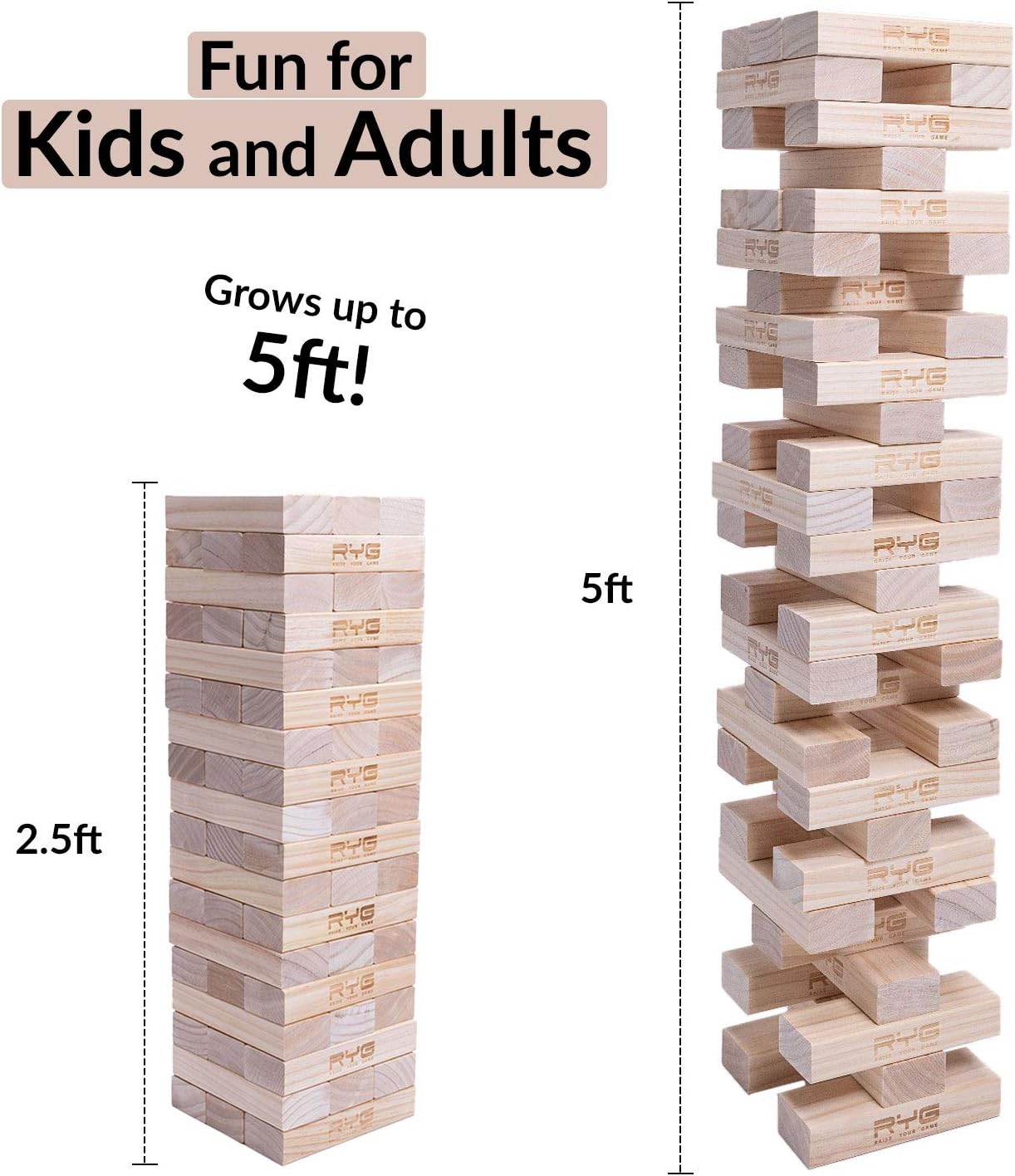Raise Your Game Giant Wooden Tower (Stacks to a Maximum of 5 feet), Large Tumbling Block Timbers , Wood Stacking Game Jumbo Backyard Set with Carrying Case Pack of 2