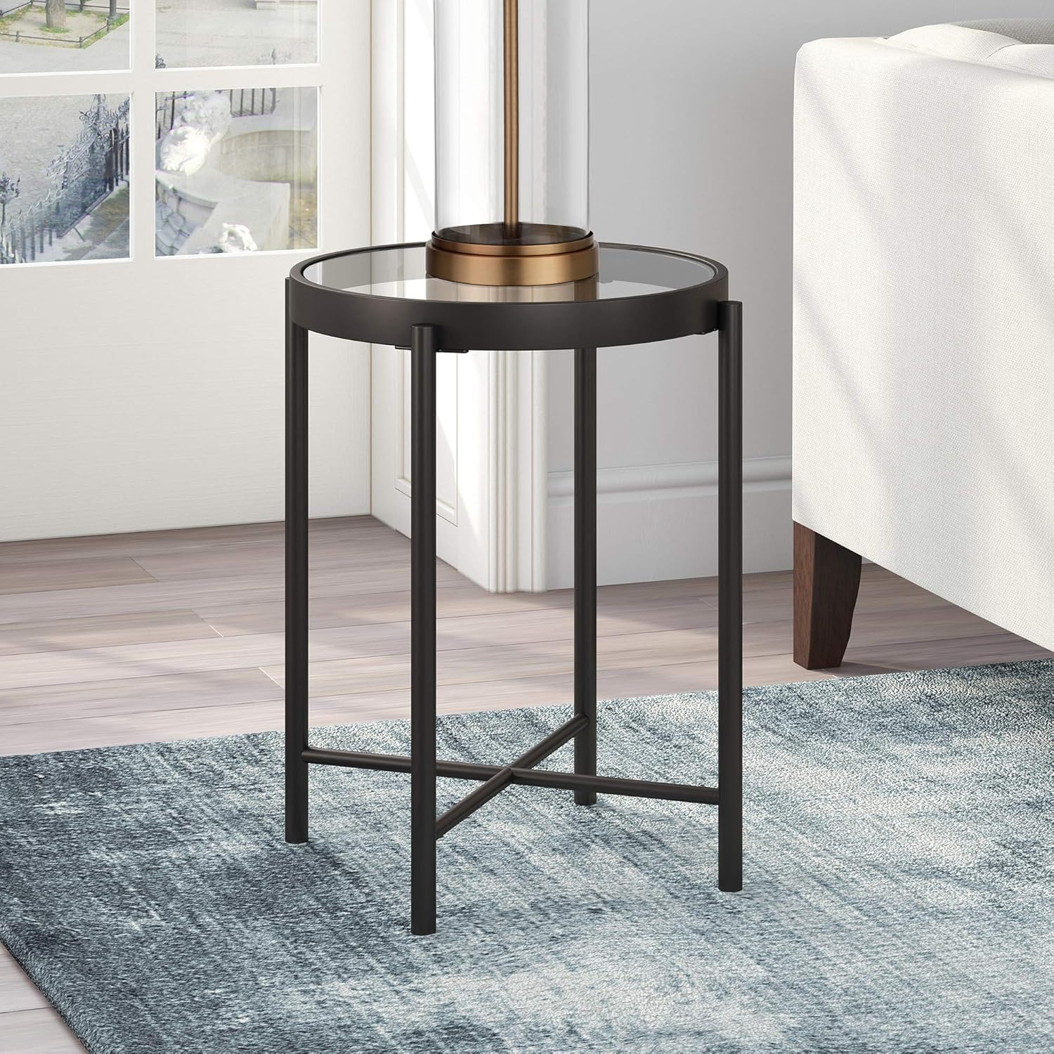 Henn&Hart ST0198 Modern Round Glass End, Night Stand in Blackened Bronze for Living Room, Bedside, Home Office Side Table, 22
