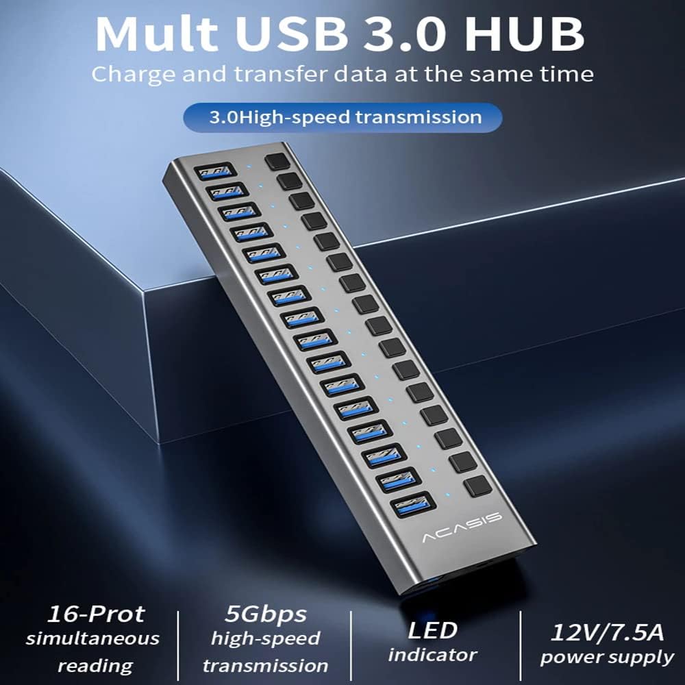 ACASIS Powered USB Hub 16 Ports USB 3.0 Data Hub with Individual On/Off Switches and 12V7.5A 90W Power Adapter USB Hub 3.0 Splitter for Laptop, PC, Computer, Mobile HDD, Flash Drive and More Pack of 2