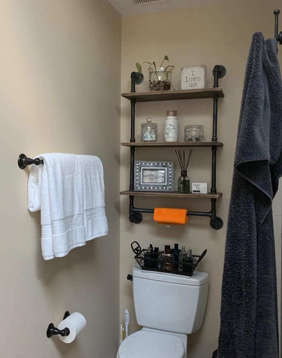 Industrial Pipe Shelf,Rustic Wall Shelf with Towel Bar,24