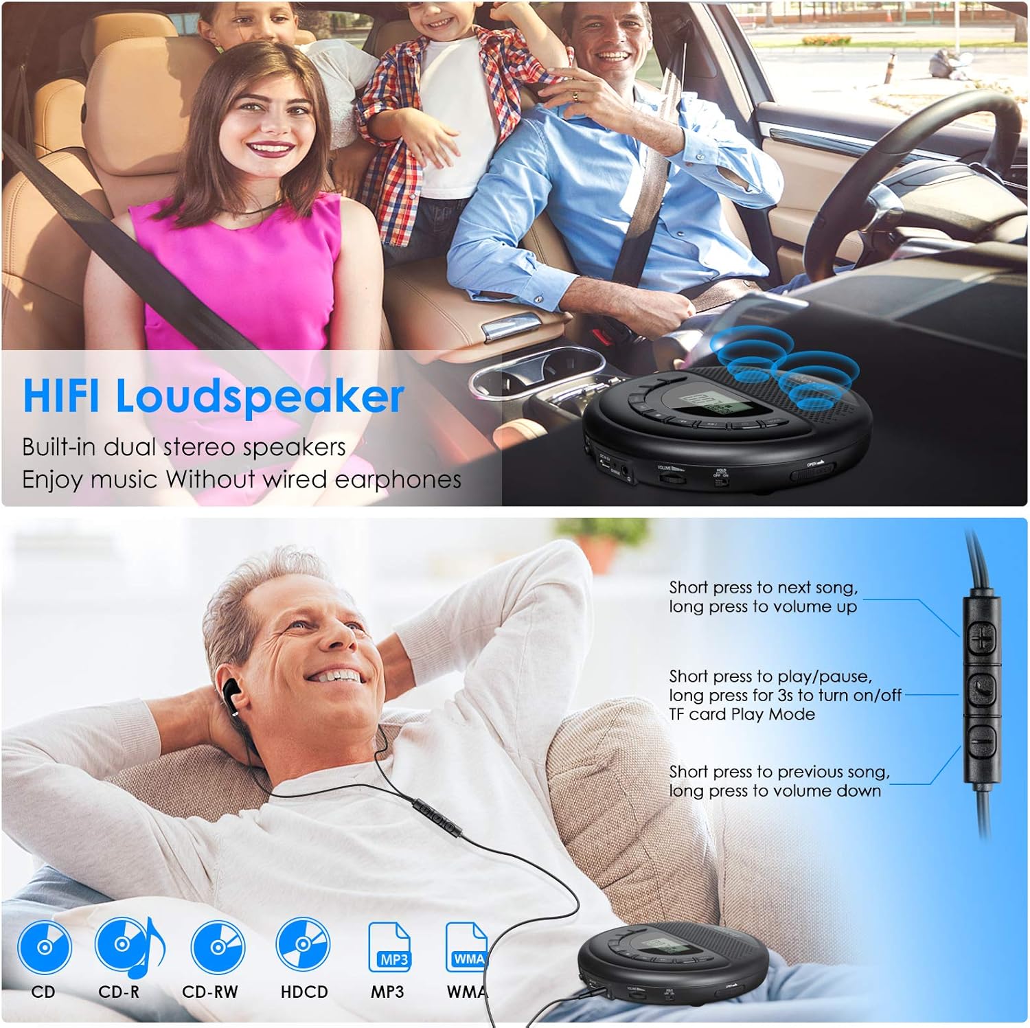 Gueray CD Player Portable Rechargeable with Speaker Dual Stereo 1400mAh CD Walkman CD Discman Backlight Battery Personal CD Player with Headphones Memory Function Anti-Skip Protection LCD Display Pack of 2