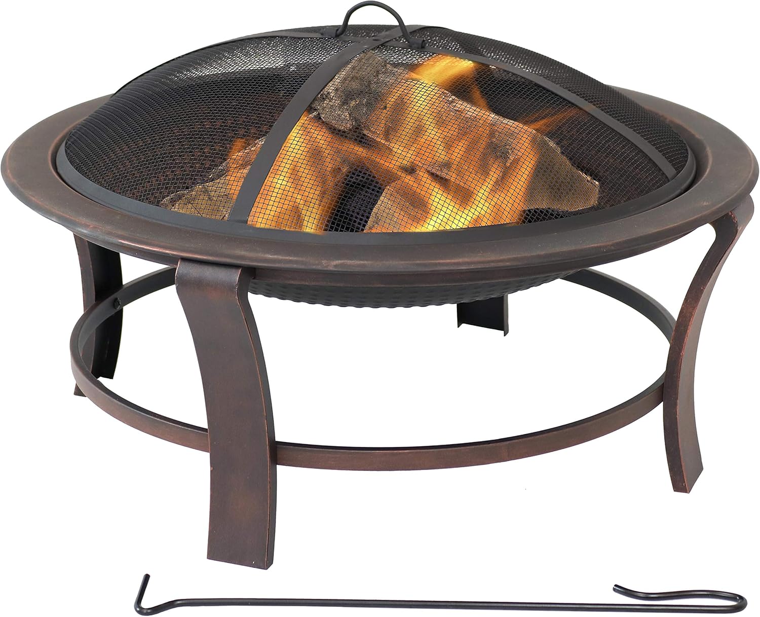 Sunnydaze Elevated Round Fire Pit Bowl with Stand Set- Portable Backyard Round Wood Burning Patio Firebowl with Spark Screen, Wood Grate and Poker - 29-Inch