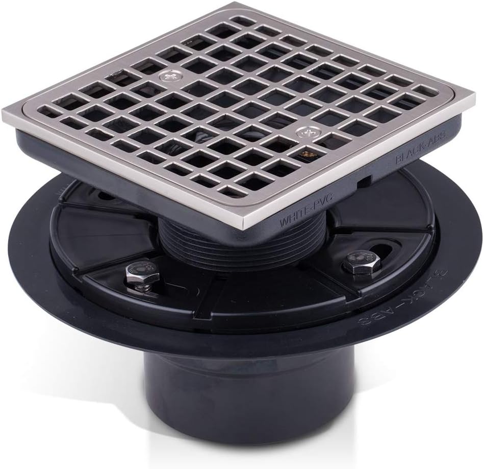 Tile-in Shower Floor Drain Square with Brushed Nickel Shower Drain Grate and ABS Drain Base Fit 2