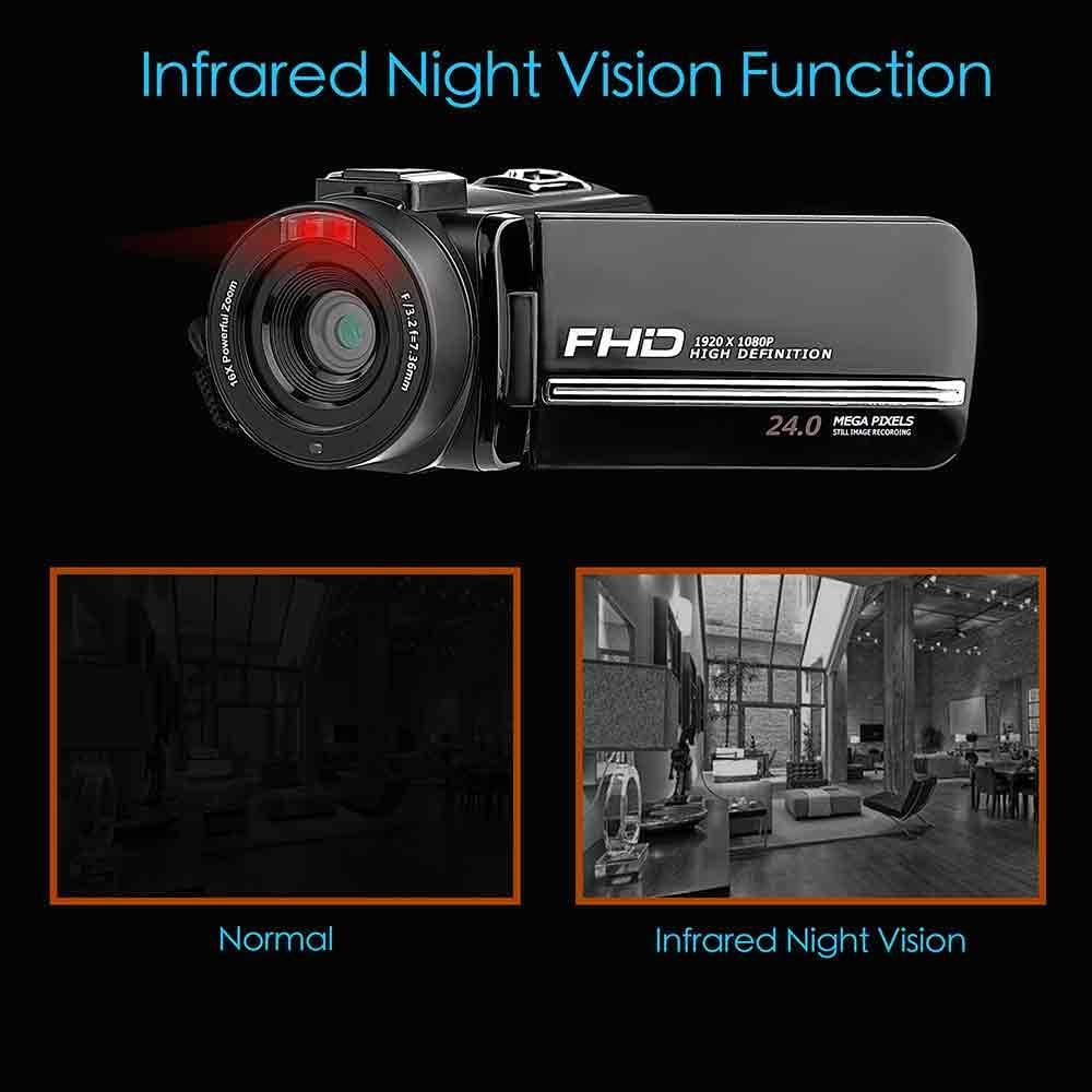 Video Camera Camcorder, Digital YouTube Vlogging Camera FHD 1080P 30FPS 24MP 16X Digital Zoom 3 Inch Touch Screen Video Recorder with Remote Control and Tripod, 2 Batteries Pack of 2