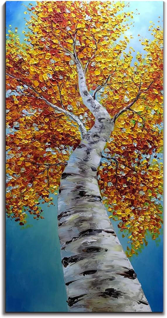 Yotree Paintings, 24x48 Inch Paintings Oil Hand Painting Yellow Birch in Autumn Painting 3D Hand-Painted On Canvas Abstract Artwork Art Wood Inside Framed Hanging Wall Decoration Abstract Painting