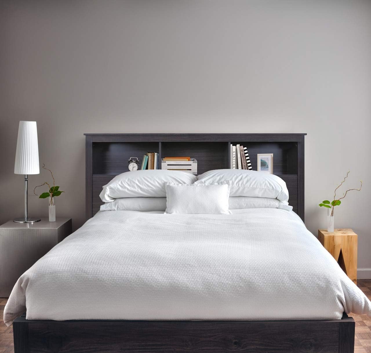 CAPHAUS Wood Bookcase Headboard with Storage, Bedroom Bookcase Headboard, Queen Size, Solid Black