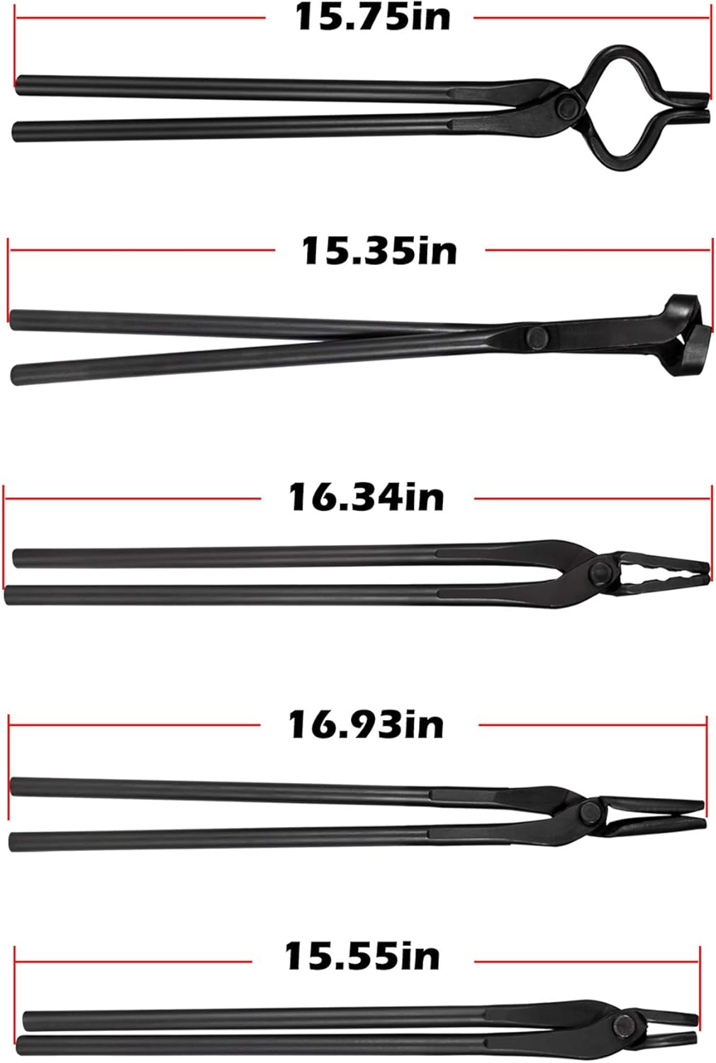 PIILOO Blacksmith Bladesmith Tongs Knife Making Tong Set - V-Bit Bolt Tongs, Flat Tongs, Square Jaw Tongs, Blade Tongs, Wolf Jaw Tongs (5PCS)