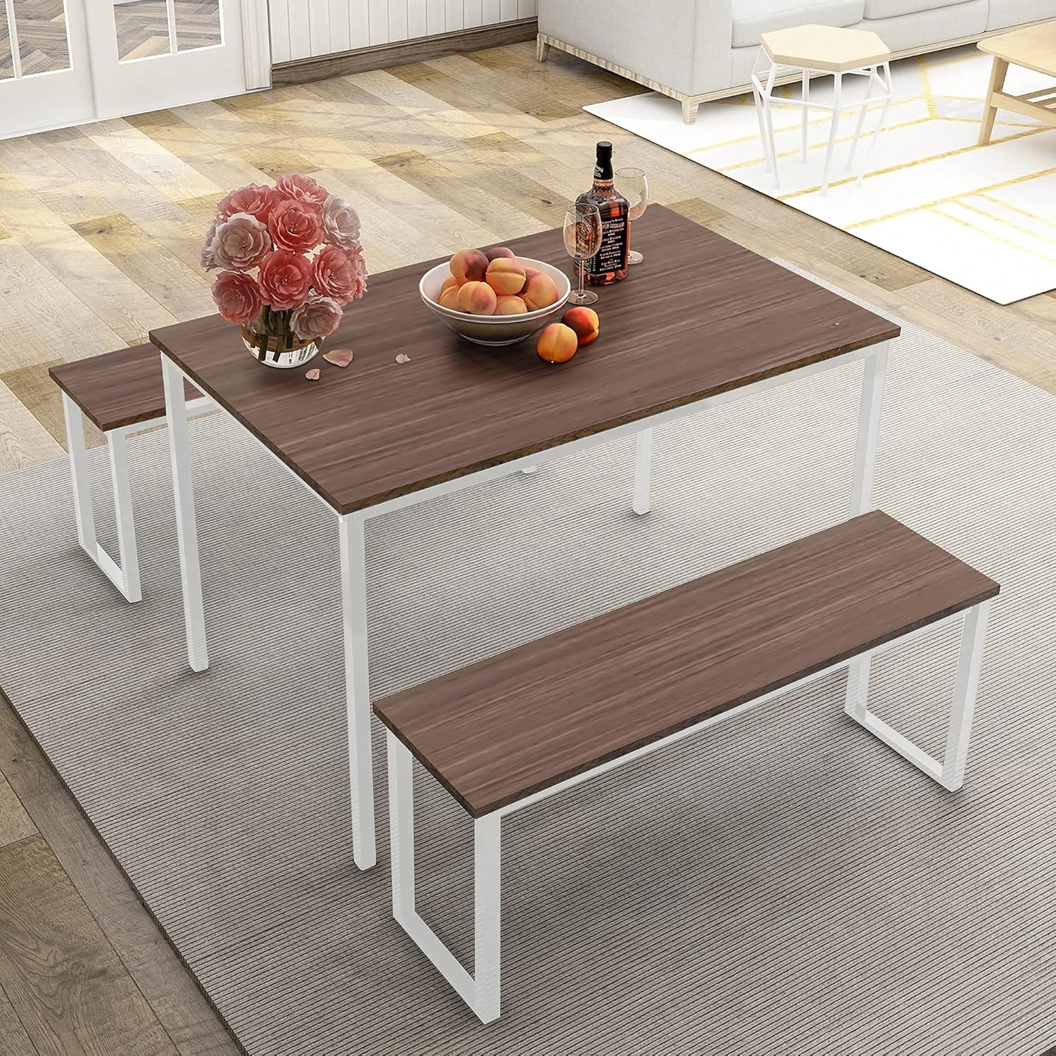 Dining Room Table Set, 3 Pieces Farmhouse Kitchen Table with 2 Benches, Metal Frame and MDF Board, Modern Furniture for Home, Cafeteria, Apartment and Farm House (Reddish Brown/Black)