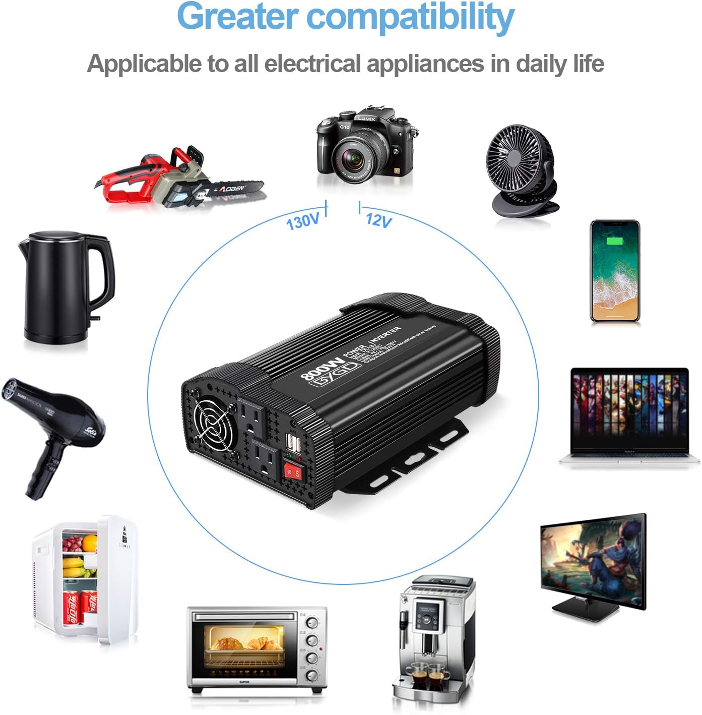 BYGD 800W Power Inverter Truck/RV 12V DC to 110V AC Converter with Dual AC Outlets 22.1A USB Ports Car Inverter Pack of 2