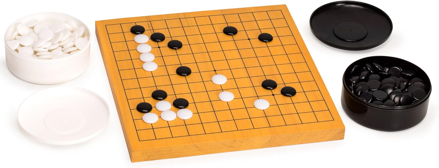 Yellow Mountain Imports Shin Kaya Veneer 0.8-Inch Beginner's Reversible 13x13 / 9x9 Go Game Set Board with Single Convex Melamine Stones - Classic Strategy Board Game (Baduk/Weiqi) Pack of 2