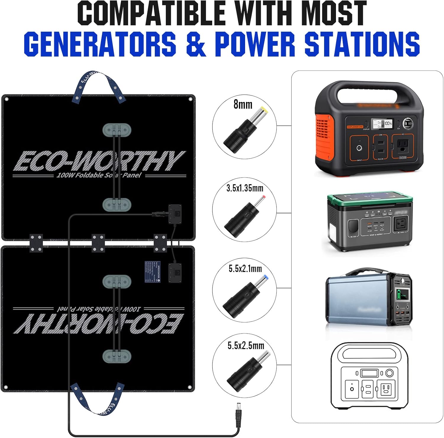 ECO-WORTHY 100W Foldable Solar Panel with Adjustable Kickstand for Jackery/Flashfish/BALDR/Goal Zero Portable Generator Power Station, Upgraded Portable Solar Power for Outdoor Camping RV Off Grid