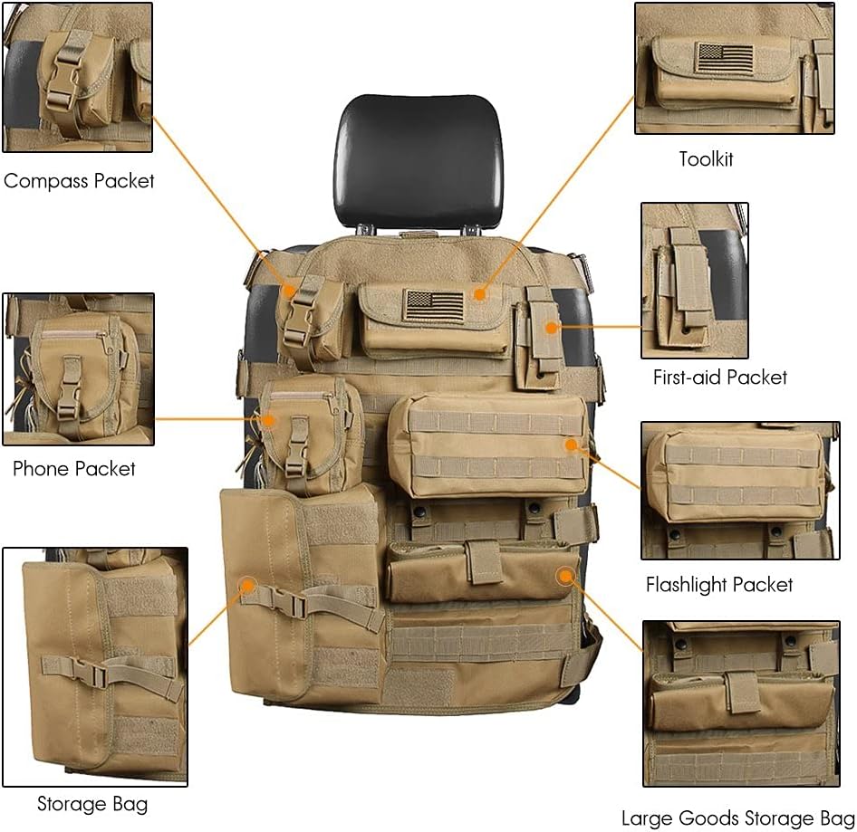 SUNPIE Upgrade Large Seat Size Universal Tactical Seat Cover for Trucks Multi Pockets Molle Seat Back Organizer Fit J eep Wrangler JL/JLU/Gladiator, JK/JKU, tj, YJ, Cherokee F150 Seat Protector Pack of 2