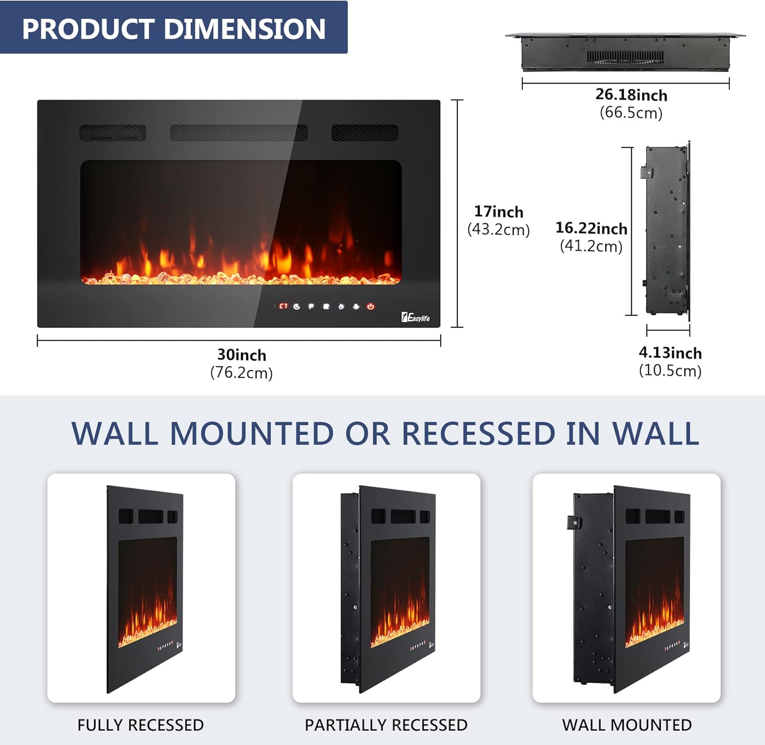 1Easylife 30 inch Electric Fireplace Recessed and Wall Mounted, Fireplace Heater with Touch Screen and Remote Control, Linear Fireplace with Timer, Adjustable Flame Color, 750w/1500w Heater, Black