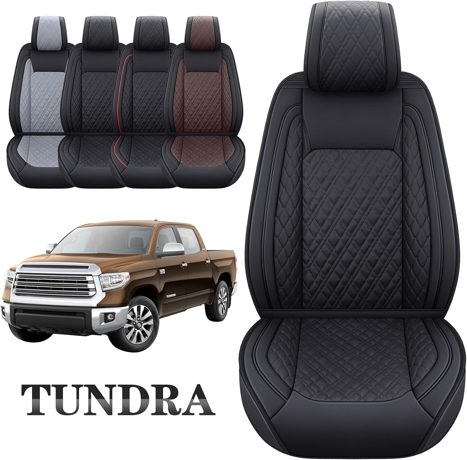 Aierxuan Toyota Tundra Seat Covers Full Set Custom Fit 2008-2022 CrewMax Double cab Pickup Truck Waterproof Leather Tundrasine Concept Limited Platinum 1794 Edition car cushions(Full Set, Black-Brown)